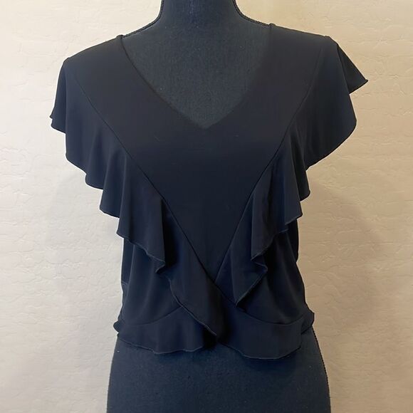Express Brand Ruffle Detail V-Neck Black Crop Top size Small - Picture 1 of 16